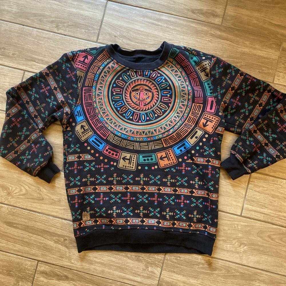VGT Aztec Mayan Calendar Tribal Pattern Sweatshirt Multicolor Pullover Crewneck